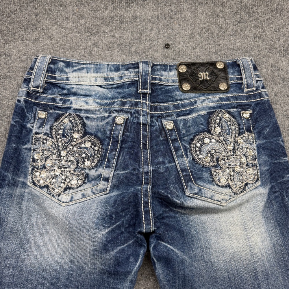 Miss Me Easy Skinny Jeans Women 26 Medium Wash Rhinestone Fleur De Lis - Picture 6 of 7